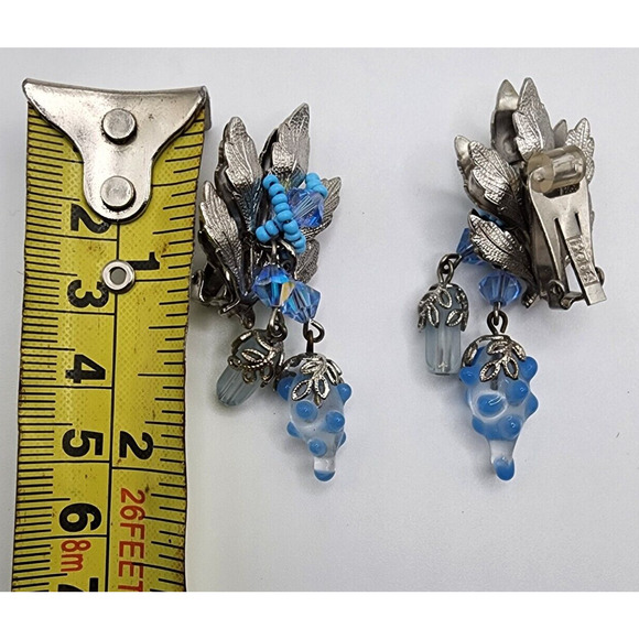 Hobe Silver Grape Leaf Glass Bead Crystal Earrings Dangle Vintage Signed Clip - Picture 15 of 16